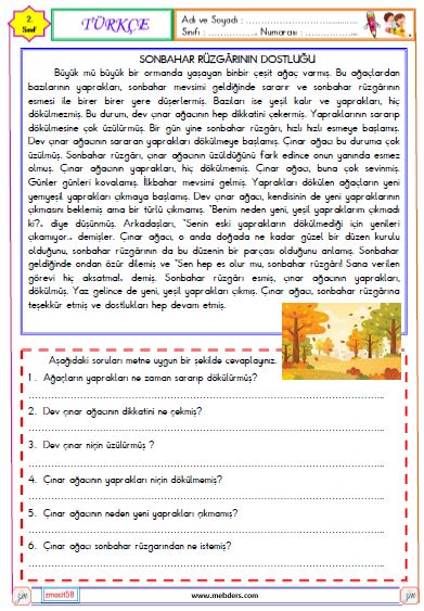 2. Sınıf Türkçe Okuma ve Anlama  Metni Etkinliği ( Sonbahar Rüzgarının Dostluğu )